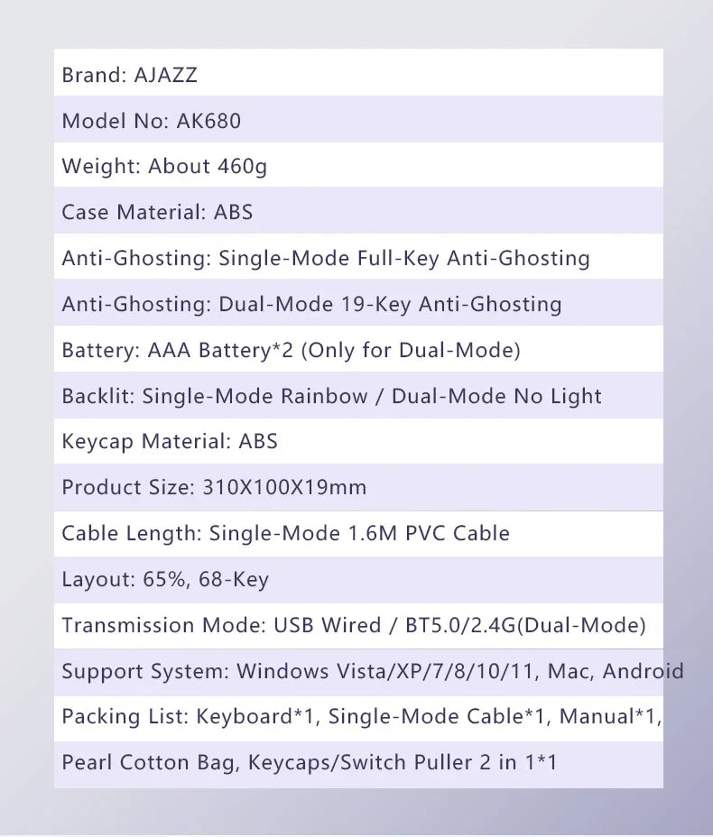 AJAZZ AK680 Mechanical Keyboard – 68 Key Wired/Wireless Bluetooth Gamer Keyboard with Hot-Swap Custom Gasket for PC and Laptop