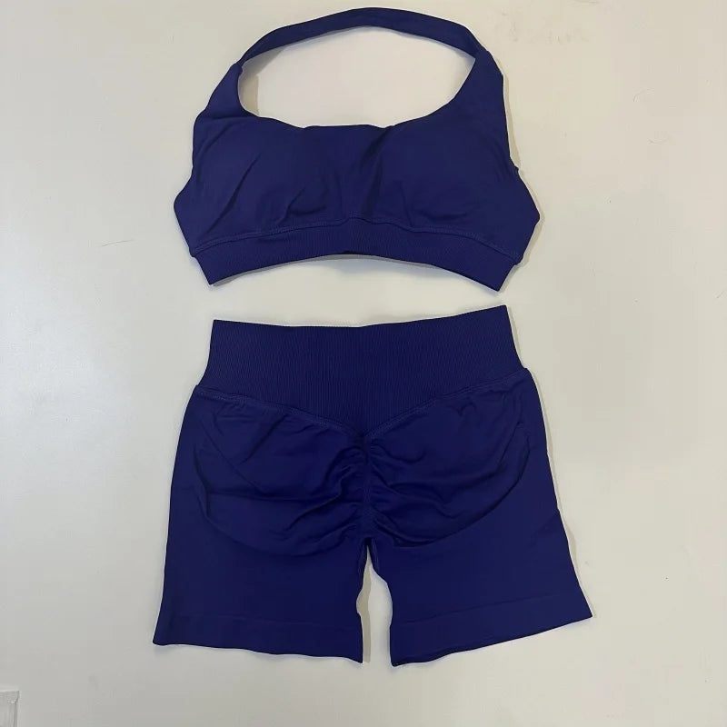 2PCS Seamless Yoga Workout Set – Scrunch Shorts & Halter Sports Bra Gym Fitness Outfit