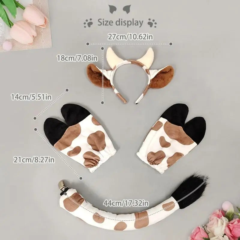 Cow Costume Set - Cow Ears Headband, Gloves and Tail for Halloween Cosplay