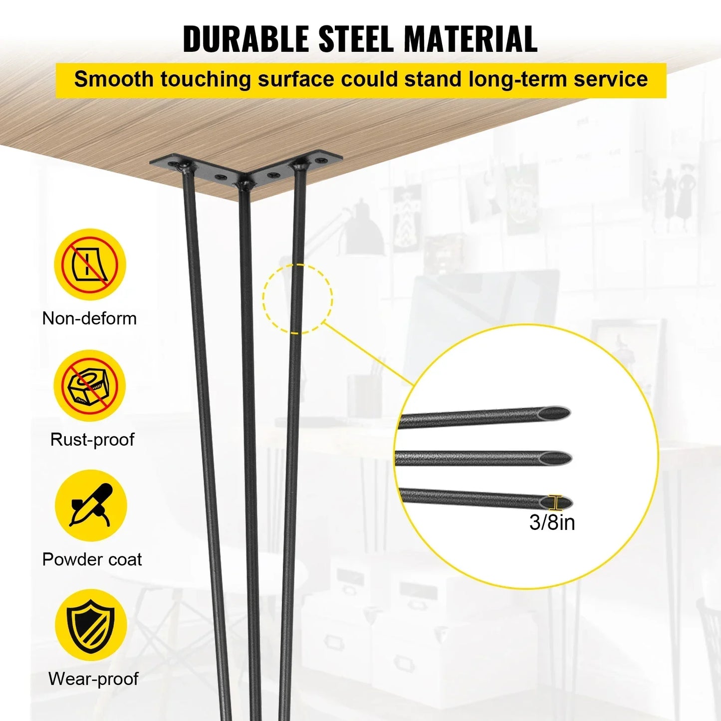 VEVOR 4Pcs Metal Hairpin Table Legs – 16-40 Inch, 3-Rod Design for DIY Furniture, Bench, Dining, Coffee Table