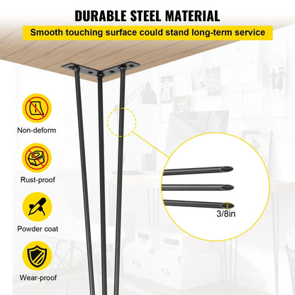 VEVOR 4Pcs Metal Hairpin Table Legs – 16-40 Inch, 3-Rod Design for DIY Furniture, Bench, Dining, Coffee Table
