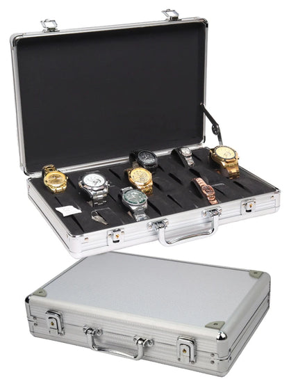 Aluminium Watch Storage Box — 12-Slot Jewelry Display Case with Suede Interior