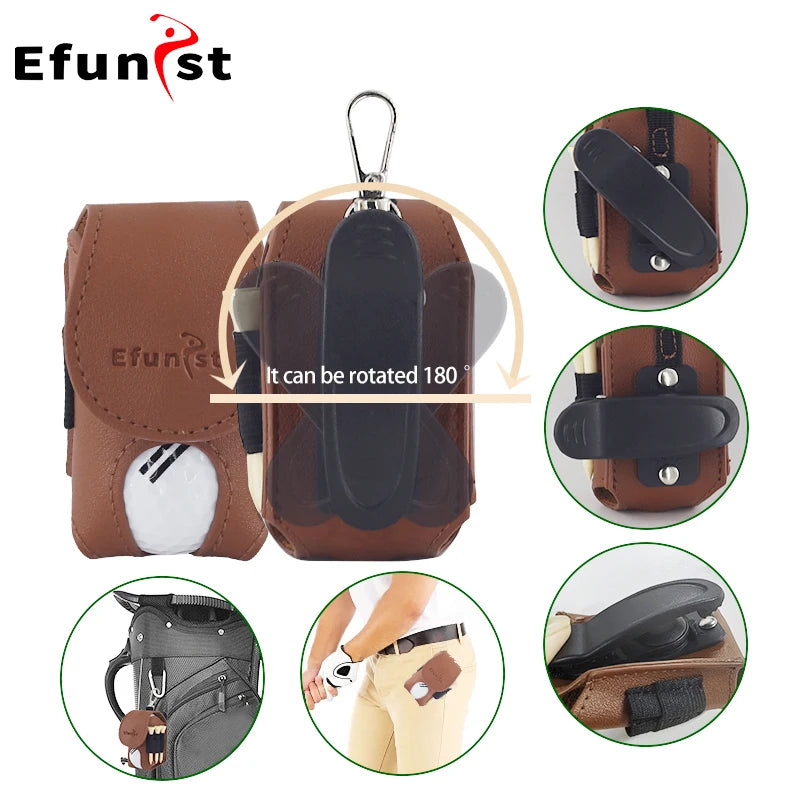Efunist Golf Small Waist Bag with Magnetic Closure – PU Golf Ball Storage, Includes 3pcs 54mm Tees & Portable Clip Holder for Double Balls