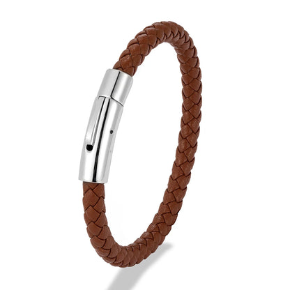 MKENDN Red Braided Leather Bracelet - 6mm Stainless Steel Button Unisex Couple Jewelry Gift Classic Simple Design
