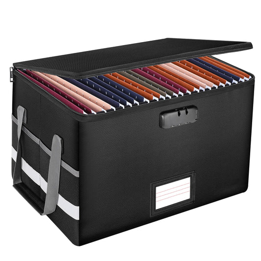 Fireproof Waterproof File Organizer – Large Capacity Black Foldable Storage Box with Handle & Combination Lock
