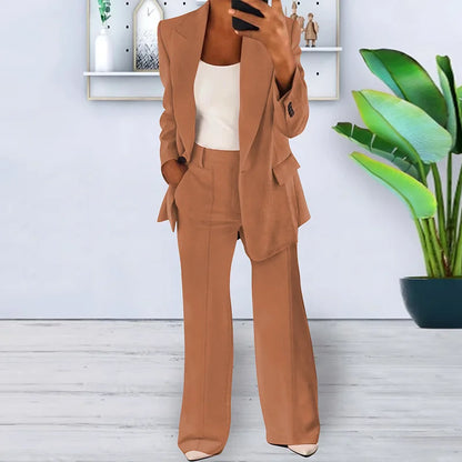 Women's 2 Piece Blazer Pant Set - Casual Single Button Jacket & High Waist Wide Leg Workwear Suit