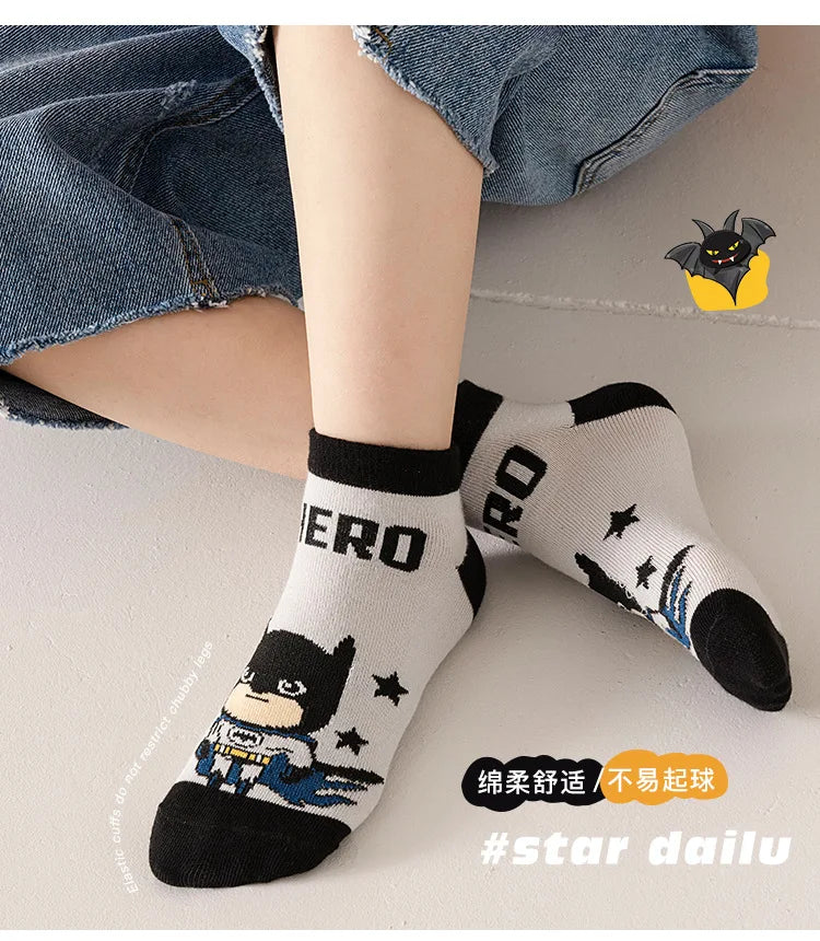 5 Pairs Spiderman Cotton Socks for Kids – Iron Man, Hulk, Thor Anime Boys Short Socks, Cartoon Baby Spring & Summer Footwear