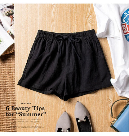Women’s Cotton Linen High Waist Shorts — Black Casual Fashion Workout Sport Shorts