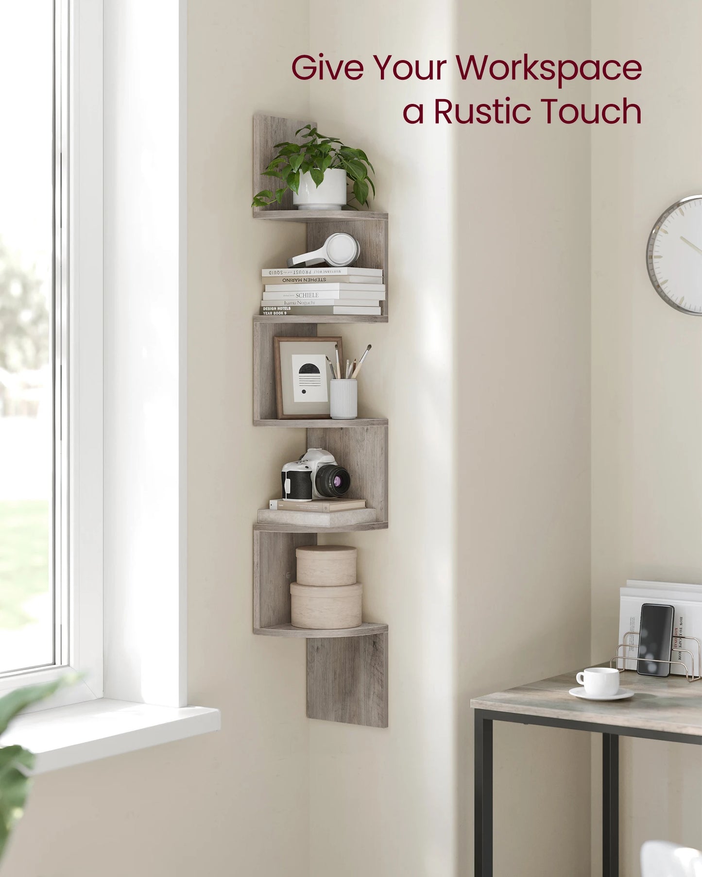 VASAGLE 5-Tier Corner Wall Shelf – Floating Bookshelf & Plant Display for Bedroom, Living Room, Bathroom, Home Office