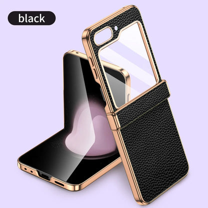 Cowhide Leather Samsung Galaxy Z Flip Case — Luxury Hinge Protection Cover with Tempered Glass for Flip 5/6/7