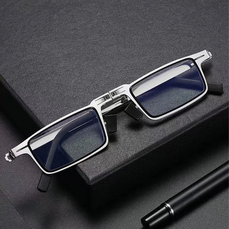 Portable Smart Folding Reading Glasses: Blue Light Blocking Metal Eyeglasses for Men - Round and Square Frames, Diopters for Presbyopia