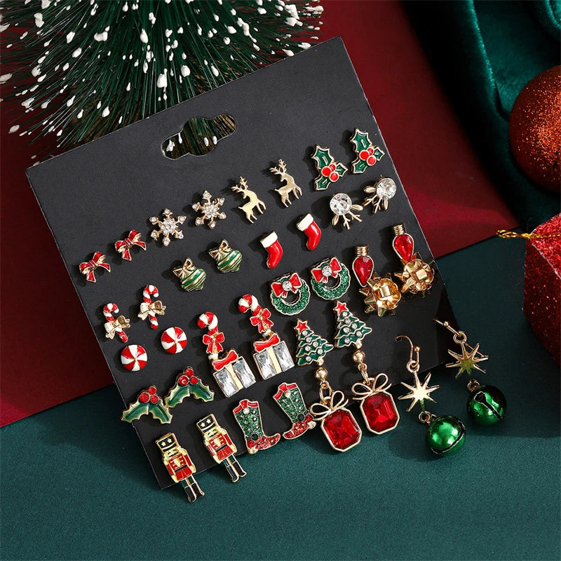 12/20 Pairs Christmas Earrings Set – Shiny Crystal Snowflake, Elk, Bowknot & Xmas Tree Studs for Women, Holiday & New Year Gifts