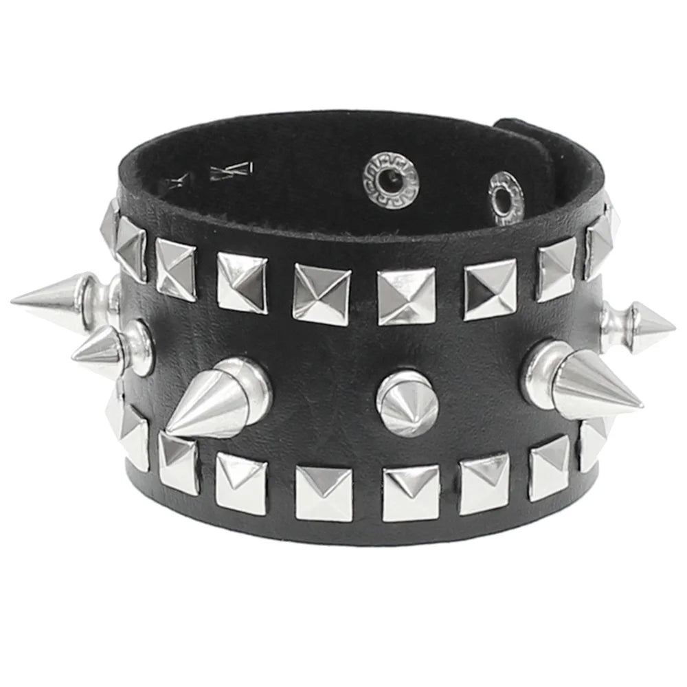 90s Punk Style Bracelet – PU Leather with 3 Rows of Spikes & Square Studs, Fashion Bangle for 2024