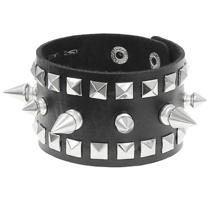 90s Punk Style Bracelet – PU Leather with 3 Rows of Spikes & Square Studs, Fashion Bangle for 2024
