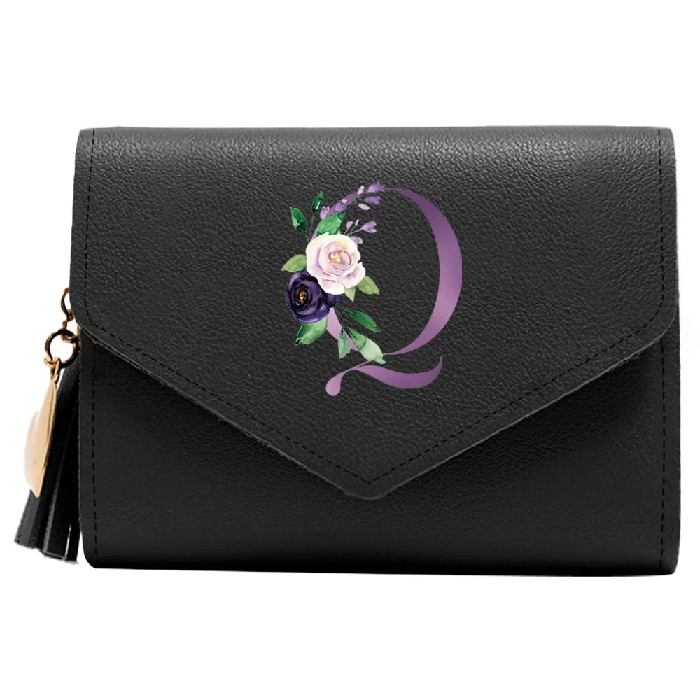Women's RFID Leather Wallet - Compact Luxury Mini Purse With ID Window, Purple Letter Pattern & Card Holder Design