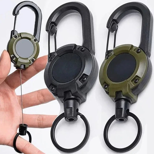 Retractable Heavy-Duty Carabiner Keychain — Steel Wire Rope Pull Reel, Spring Buckle, Outdoor Sports & Utility Tool