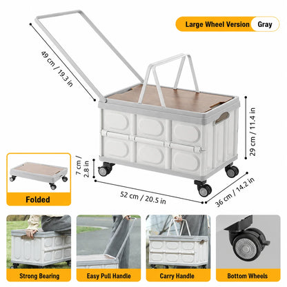 Foldable Storage Box with Wheels - Camping Gear Organizer with Wooden Lid for Car Trunk & Outdoor Use