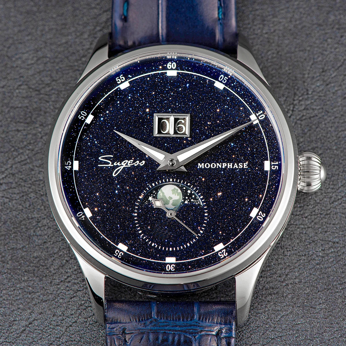 Sugess Moonphase Men’s Automatic Mechanical Watch — 40MM Stainless Steel with Seagull ST2528 Movement and Blue Sandstone Dial