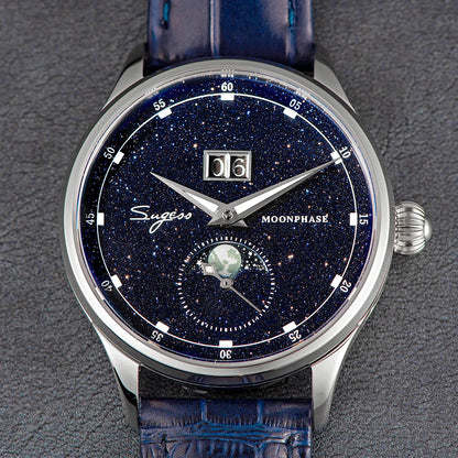 Sugess Moonphase Men’s Automatic Mechanical Watch — 40MM Stainless Steel with Seagull ST2528 Movement and Blue Sandstone Dial