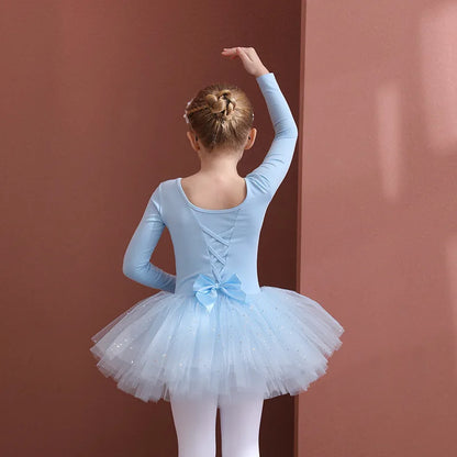Girls Ballet Tutu Dress — Kids Short & Long Sleeve Tulle Leotard with Bowknot for Dance, Gymnastics & Party