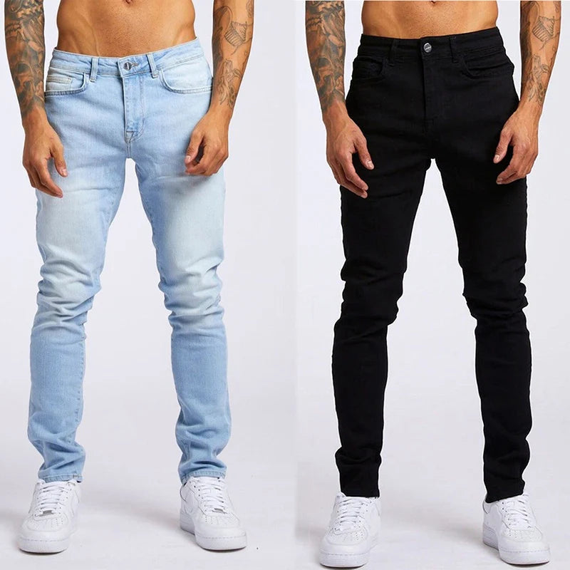 Men’s Elastic Skinny Jeans — Slim Fit Stretch Denim Pencil Pants Streetwear Casual Jogging Trousers Black