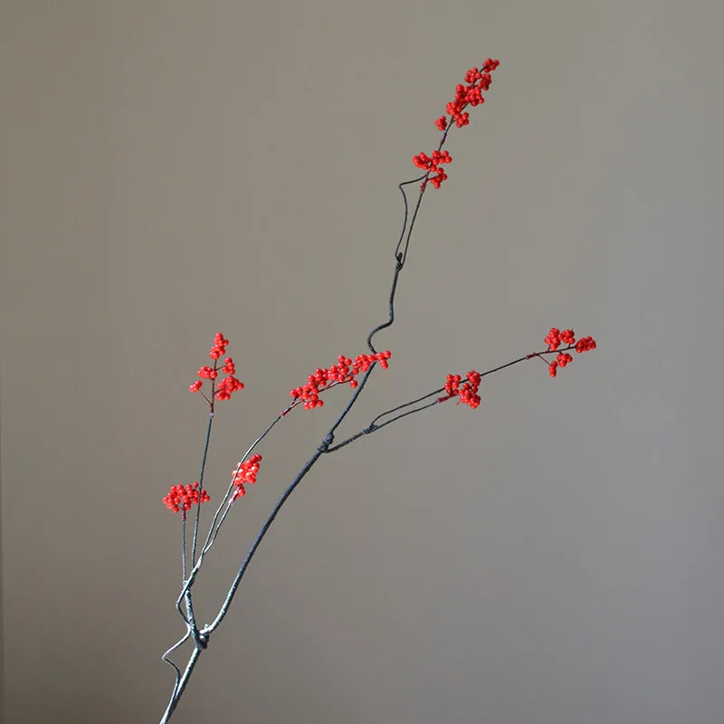120CM Style Artificial Flower Arrangement – Zen Winter Green & Red Berry Décor for Home, Tea Table Decoration