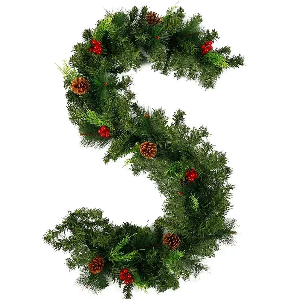 Christmas Garland Wreath with Pinecones & Red Berries – Artificial LED Rattan Decor for Tree, Stairs & Door