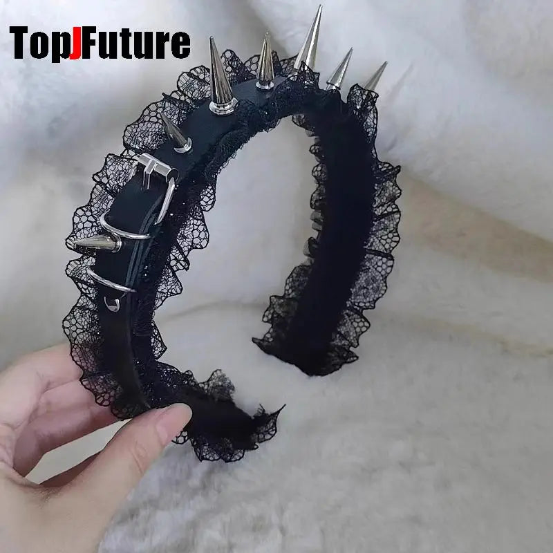 Subculture Y2K Women's Hairband – Harajuku Steampunk Gothic Lolita Punk Black Lace Rivet Pointed Nail Headband Accessory