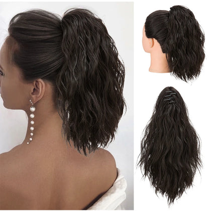 13-Inch Premium Synthetic Curly Claw Clip Ponytail – Blonde Brown Short Hairpiece, Fake Hair Extensions P064