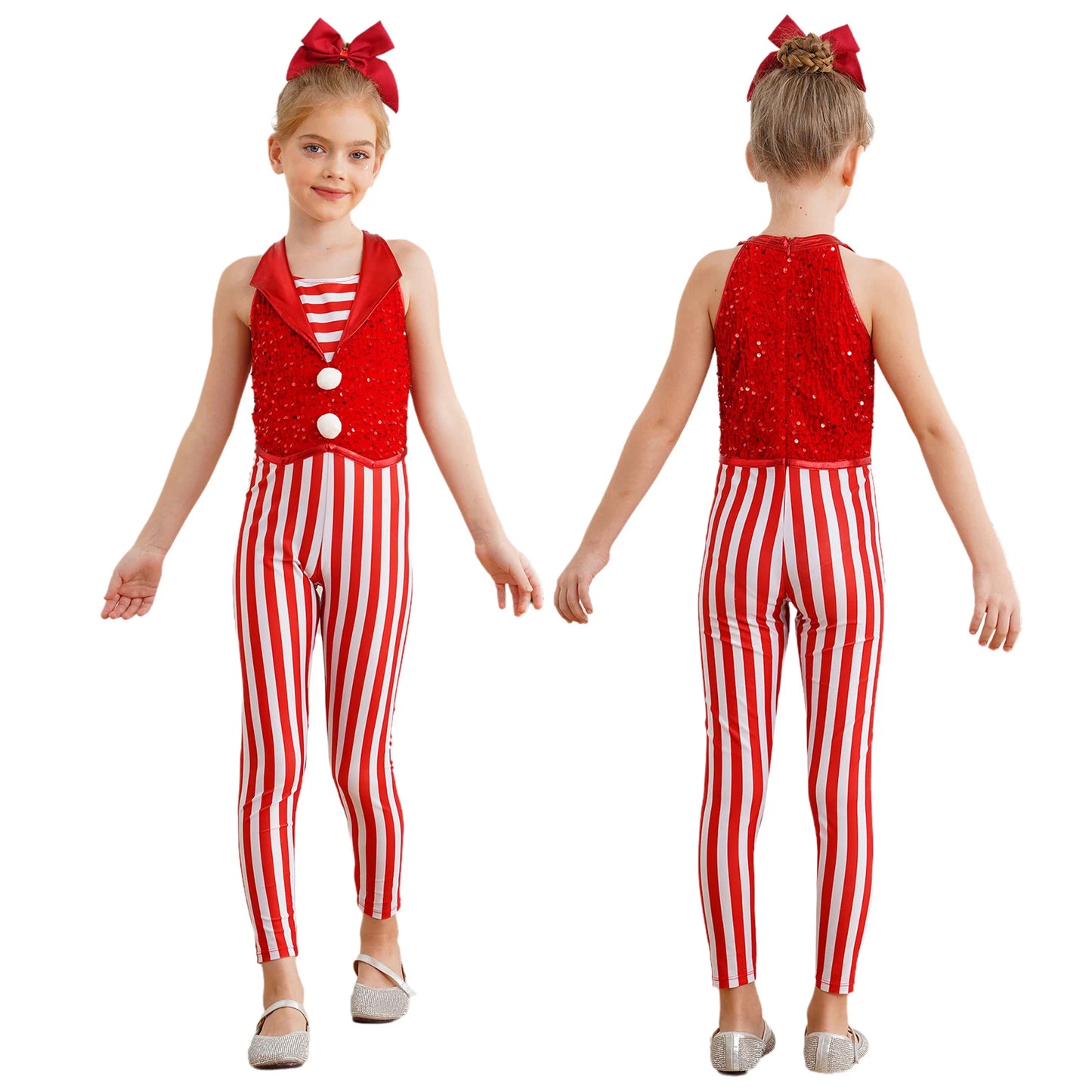 Kids Candy Cane Striped Christmas Tutu Leotard — Sequined Santa Bodysuit for Ballet & Gymnastics