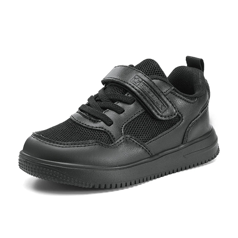 Children’s Black Leather Sneakers – Non-Slip Casual Flat Walking Shoes for Boys & Girls, Lightweight Student Sports Footwear