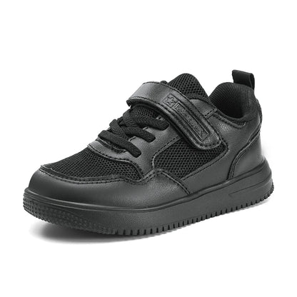 Kids' Black Leather Sneakers – Non-Slip Casual Walking & Tennis Shoes for Boys and Girls