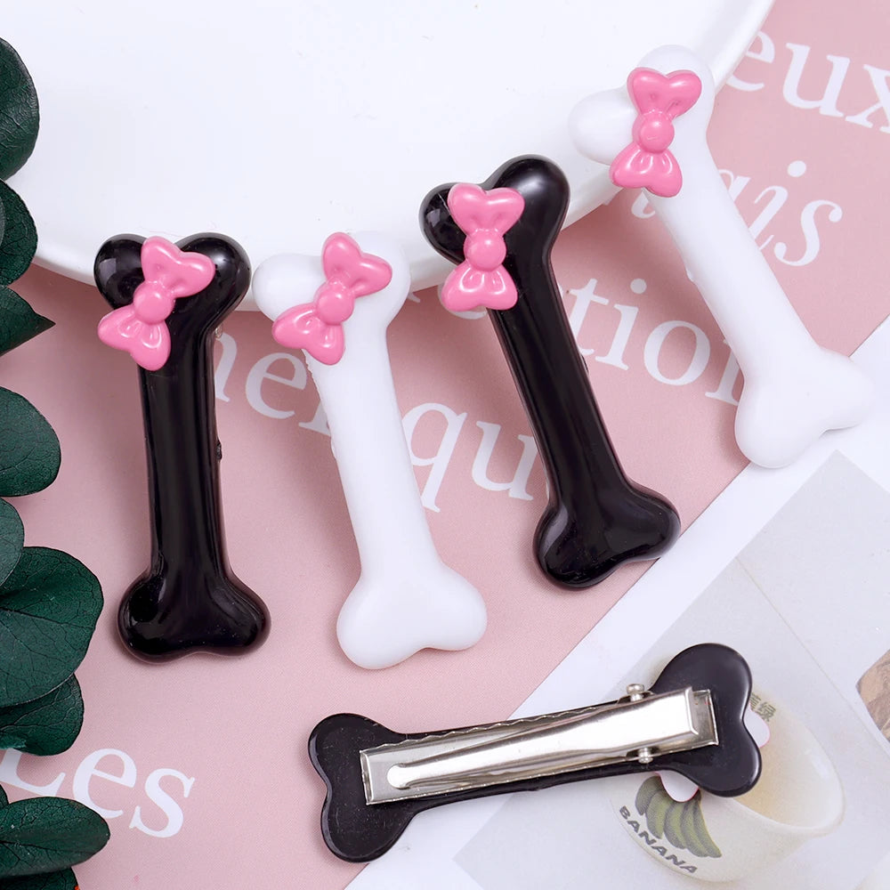 Kawaii Bow Dog Bone Hair Clips – Cute Black & White Bone Hairpins for Girls, Duckbill Barrettes Accessories