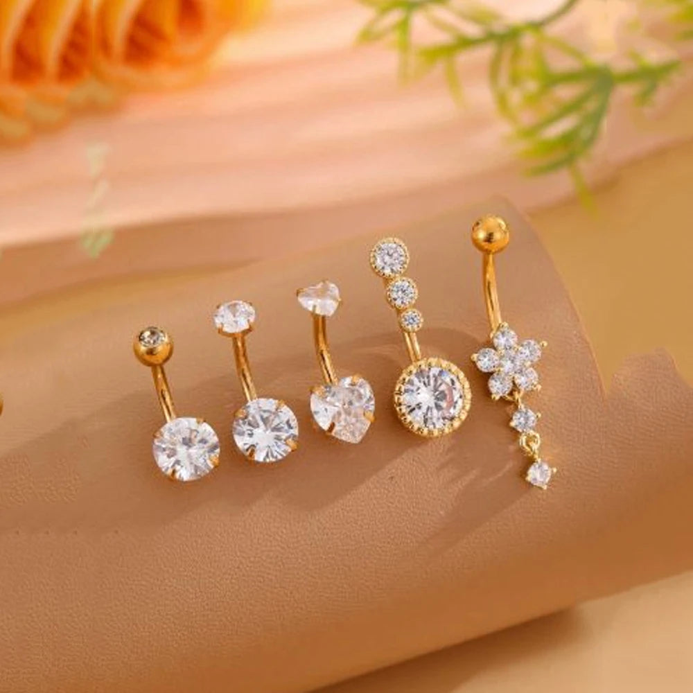 5PCS Belly Button Ring Set – 14G Curved Navel Piercing with Butterfly & Heart Charms, Body Jewelry for Women & Girls