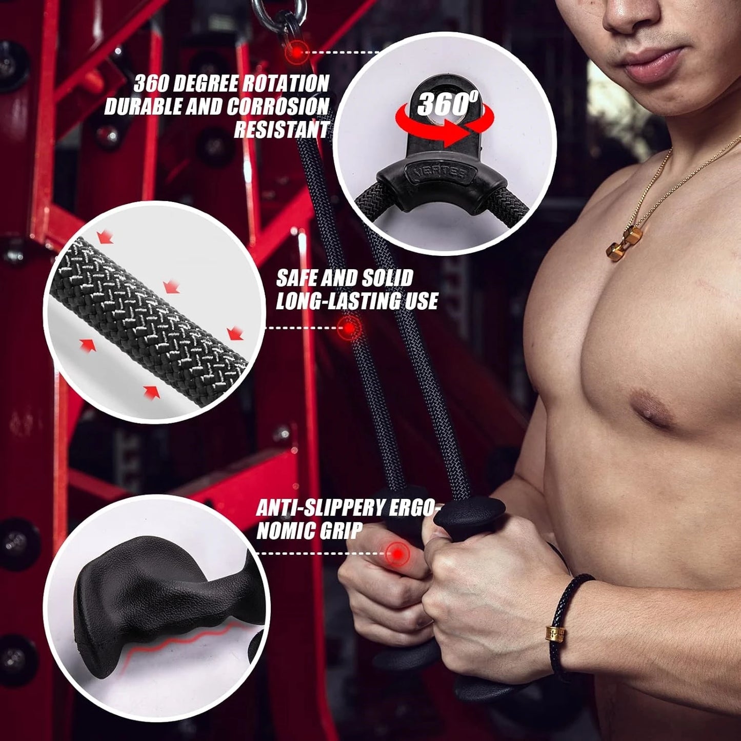 Fitness Biceps & Triceps Rope Pull-Down Grip Handles – Muscle Gym Pulley Cable Attachment for Back Workouts