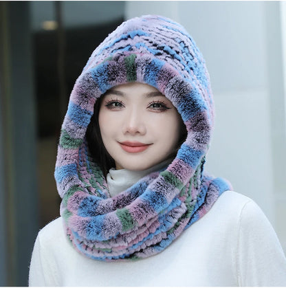 2025 Women’s Knitted Rex Rabbit Fur Hat – Hooded Scarf with Neck Collar, Long Winter Warm Fur Hat & Scarf Set