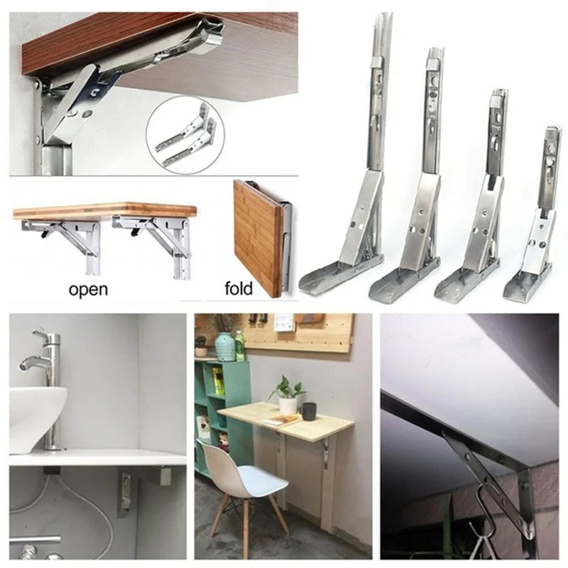 2pcs Heavy Duty Stainless Steel Folding Shelf Brackets | Collapsible Wall-Mounted L-Table Hinges for Bench & Table with Screws