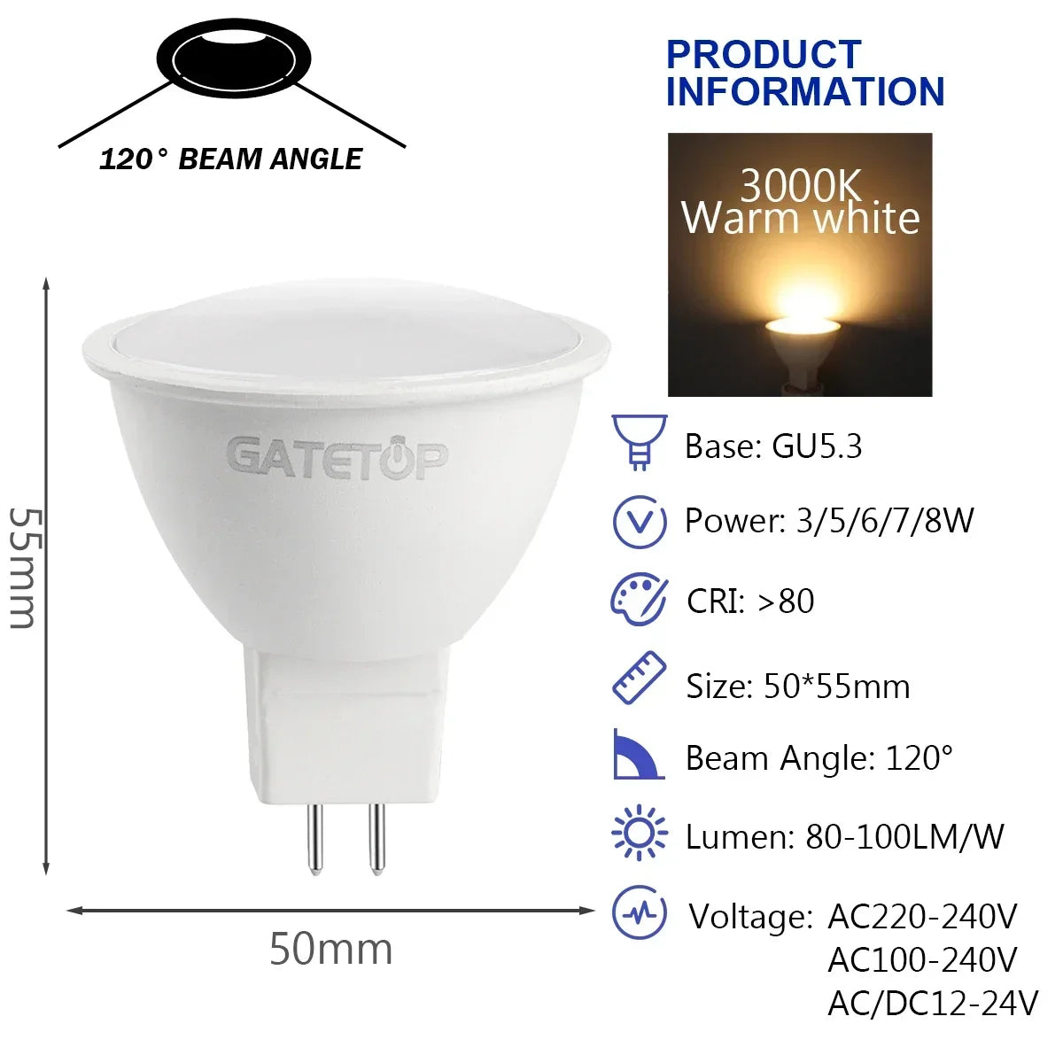 10PCS MR16 GU5.3 LED Bulb – Full Voltage AC/DC 12V–220V Spotlight, Flicker-Free White Light for Home, Study & Indoor Lighting