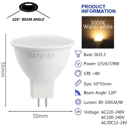 10PCS MR16 GU5.3 LED Bulb – Full Voltage AC/DC 12V–220V Spotlight, Flicker-Free White Light for Home, Study & Indoor Lighting