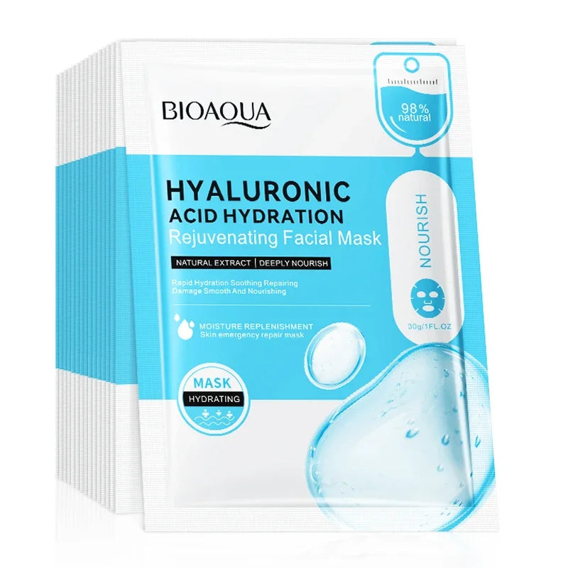 BIOAQUA Hyaluronic Acid Face Masks - 10-Piece Moisturizing Facial Sheet Mask Set for Hydration & Skin Care