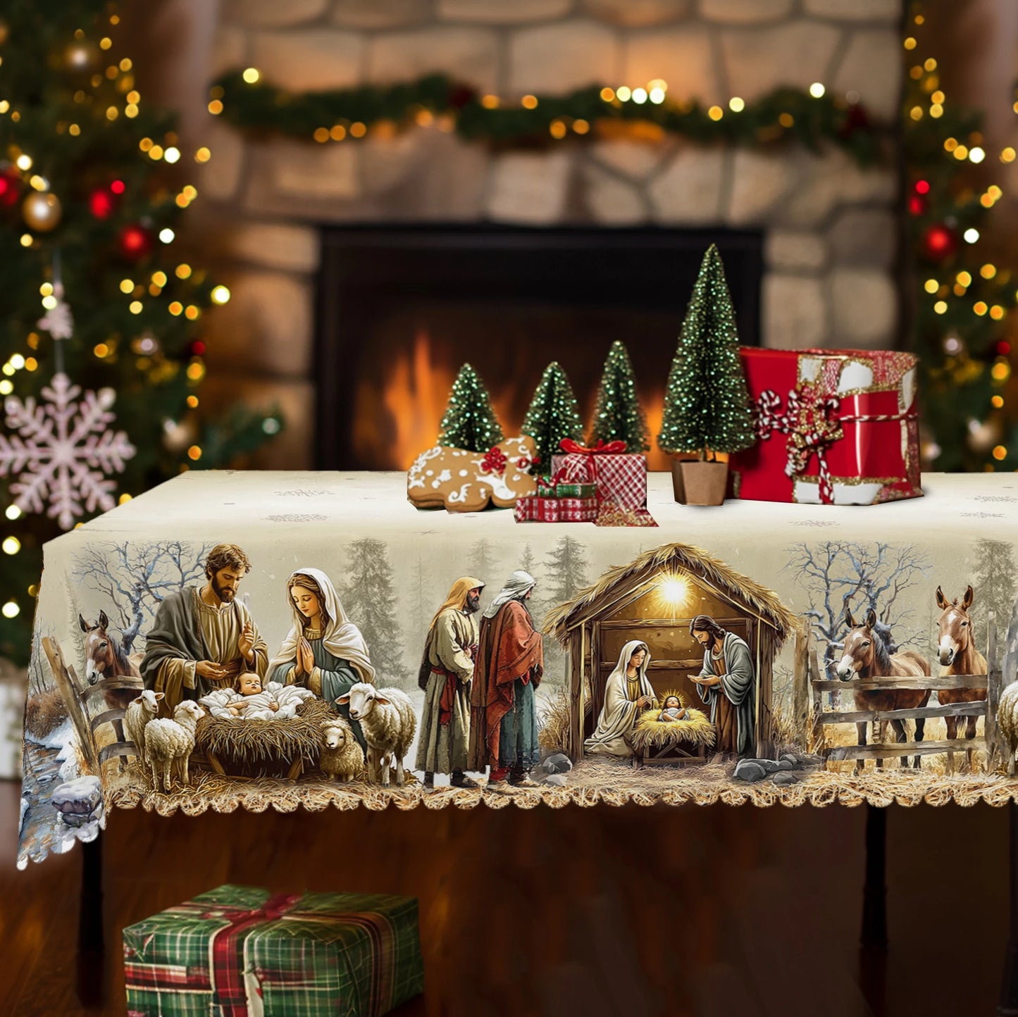Christmas Nativity Scene Tablecloth – Yule Home Party Decor for Indoor & Outdoor, Round & Rectangular Tables
