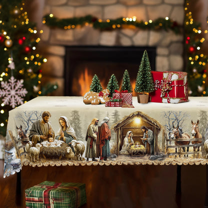 Christmas Nativity Scene Tablecloth – Yule Home Party Decor for Indoor & Outdoor, Round & Rectangular Tables