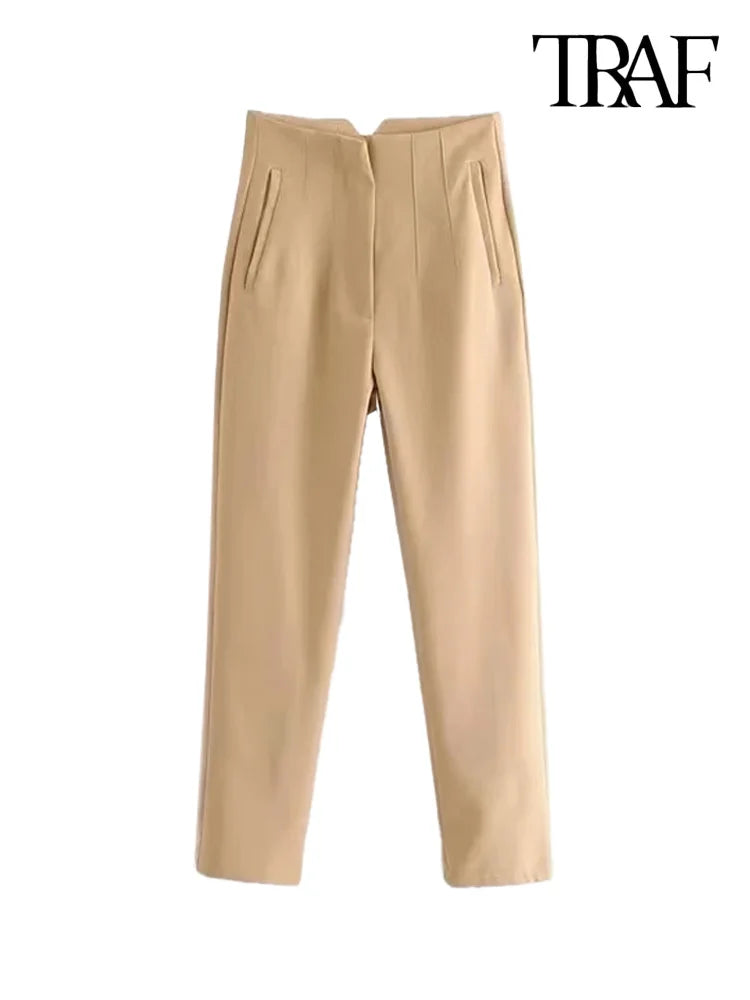 TRAF Women's Fashion Pants with Pockets: Casual Solid Ankle Trousers, Vintage High Waist Zipper Fly - Pantalones Mujer