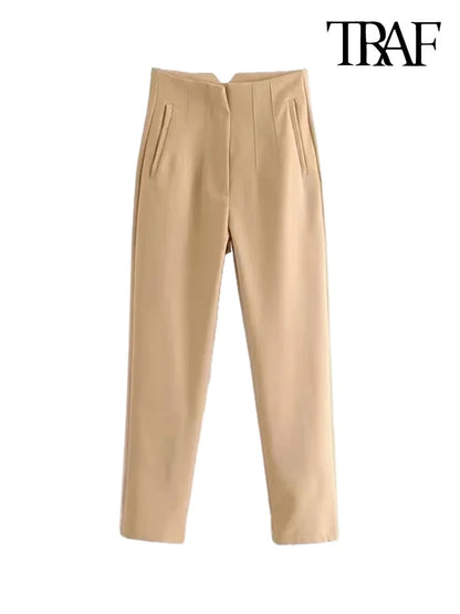 TRAF Women's Fashion Pants with Pockets: Casual Solid Ankle Trousers, Vintage High Waist Zipper Fly - Pantalones Mujer