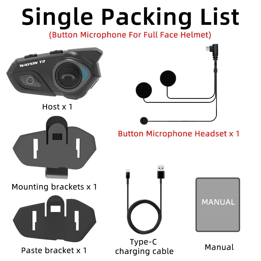 WAYXIN T2 Motorcycle Helmet Bluetooth Headset – Waterproof 300M Intercom for 2 Riders, BT 5.1 Moto Interphone