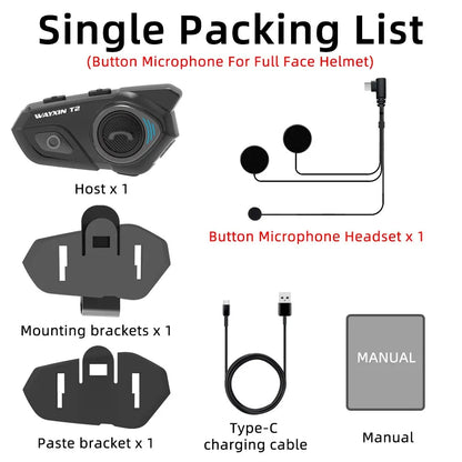 WAYXIN T2 Motorcycle Helmet Bluetooth Headset – Waterproof 300M Intercom for 2 Riders, BT 5.1 Moto Interphone