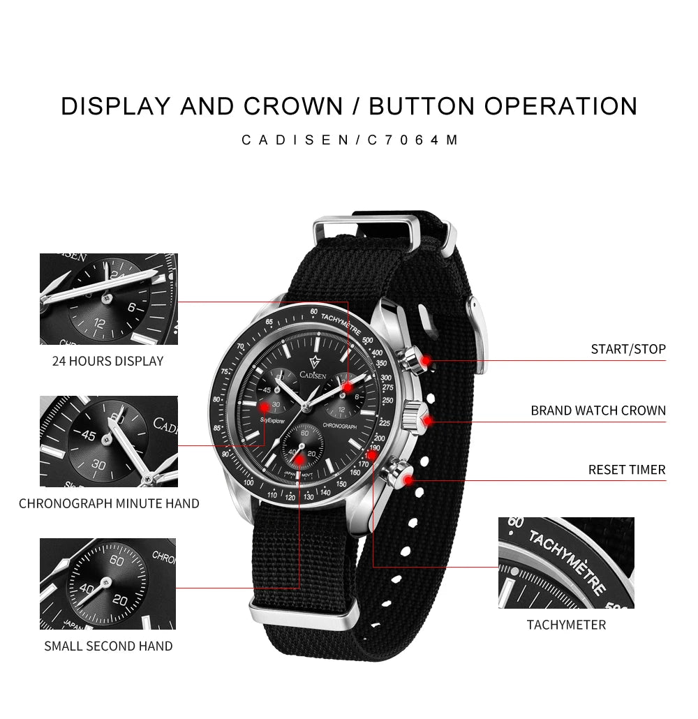 CADISEN Men's Luxury Watch – Quartz VK68 Chronograph, Sapphire AR Crystal, Canvas Strap Speed Style Wristwatch