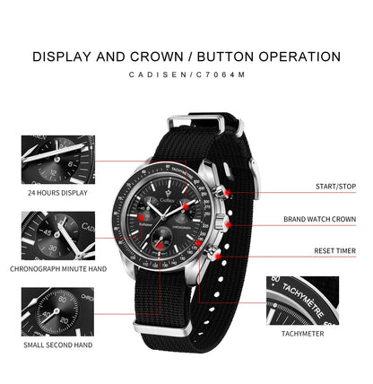 CADISEN Men's Luxury Watch – Quartz VK68 Chronograph, Sapphire AR Crystal, Canvas Strap Speed Style Wristwatch