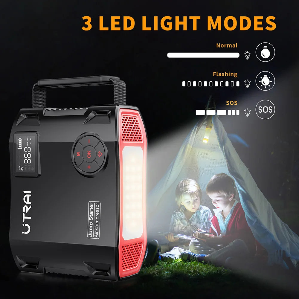 UTRAI 4-in-1 Car Jump Starter Power Bank - 2000A Battery Booster with 16000mAh Capacity, 150PSI Air Compressor Tire Inflator & Portable Charger
