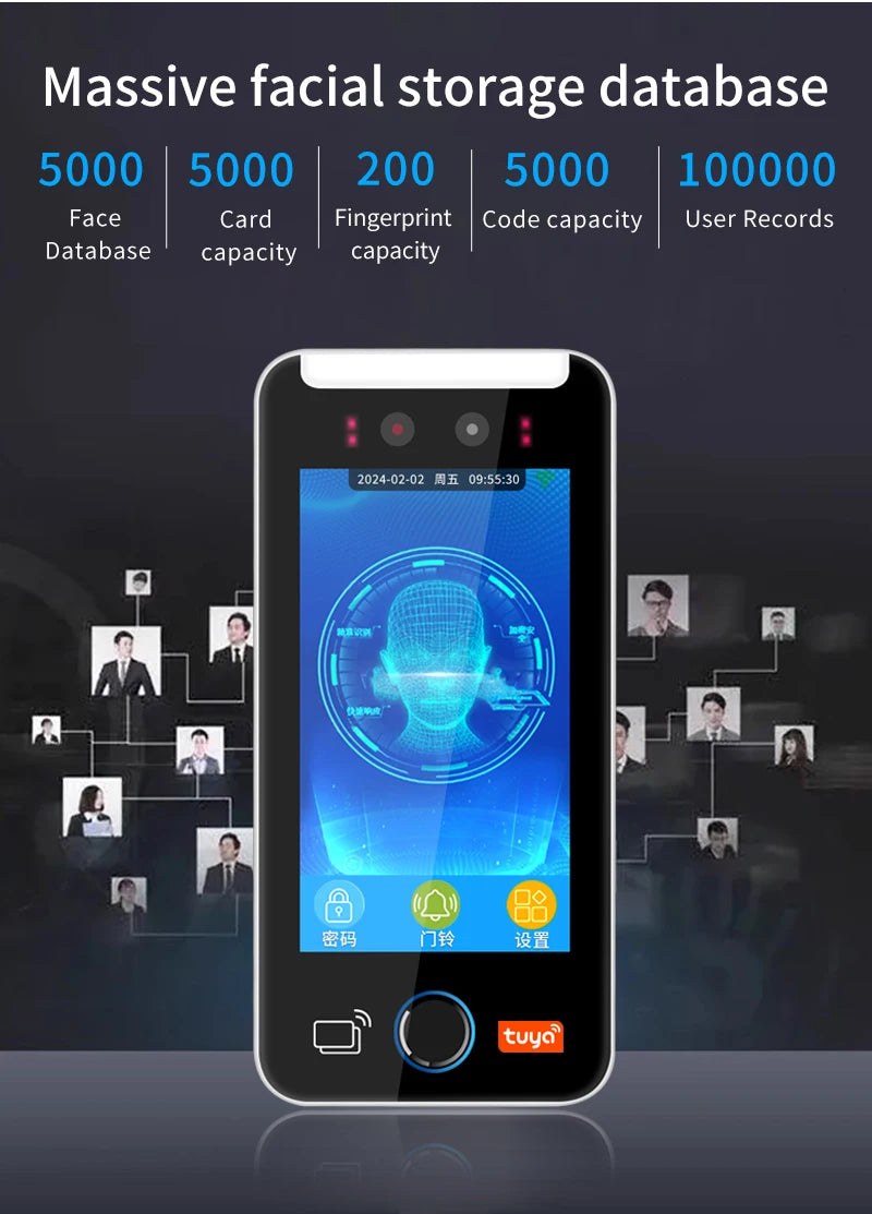 Asia Teco 5-Inch Face Recognition Access Control – WiFi TCP/IP Attendance Machine with Tuya App & Fingerprint Scanner